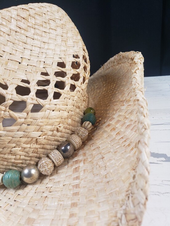 Mix Brown Handmade Straw Cowboy Hat w/ Custom Beaded Headband - OS (6-7/8 to 7)